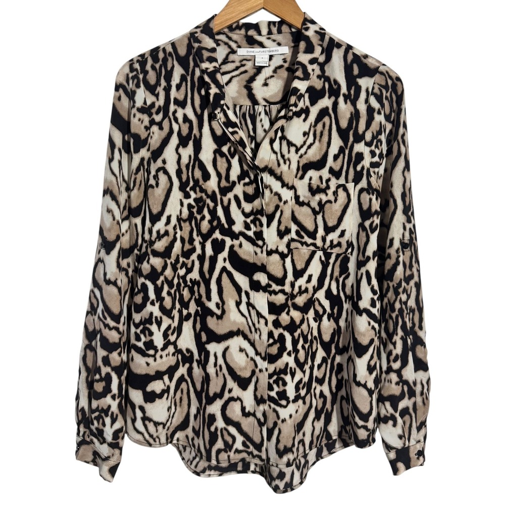 Diane von Furstenberg Lorelei Leopard Print Silk Blouse Tan Black Size 8‎